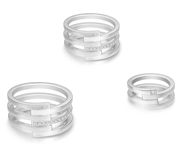 Linear Thinking white gold rings with diamonds.
